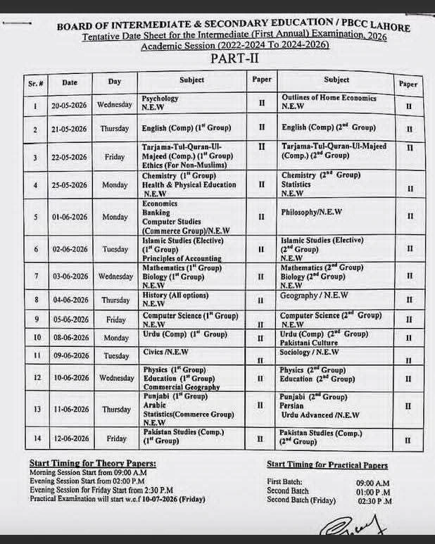 Punjab Board Date Sheet Part 2